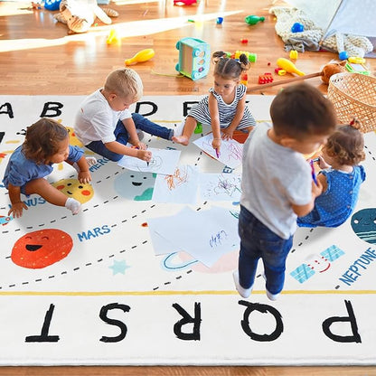 Soft ABC Kids Rug,110.2x78.7 in Washable Large Classroom Rug,Non-Slip Educational Kids Room Rug,Cute Solar System Playroom Area Rug for Classroom Playroom Bedroom Kids Room Decor