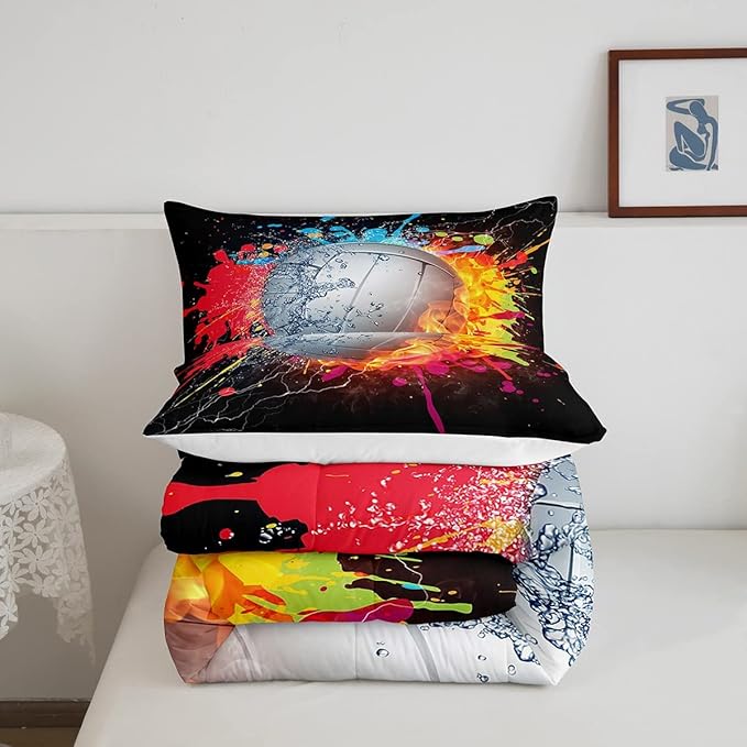 Erosebridal Kids Volleyball Comforter Set for Teen Girls Boys Volleyball Bedding Set Twin Grunge Hippie Tie Dye Bedding Comforter Red Blue Fire Water Lightning Quilt Duvet Insert 1 Pillow Case