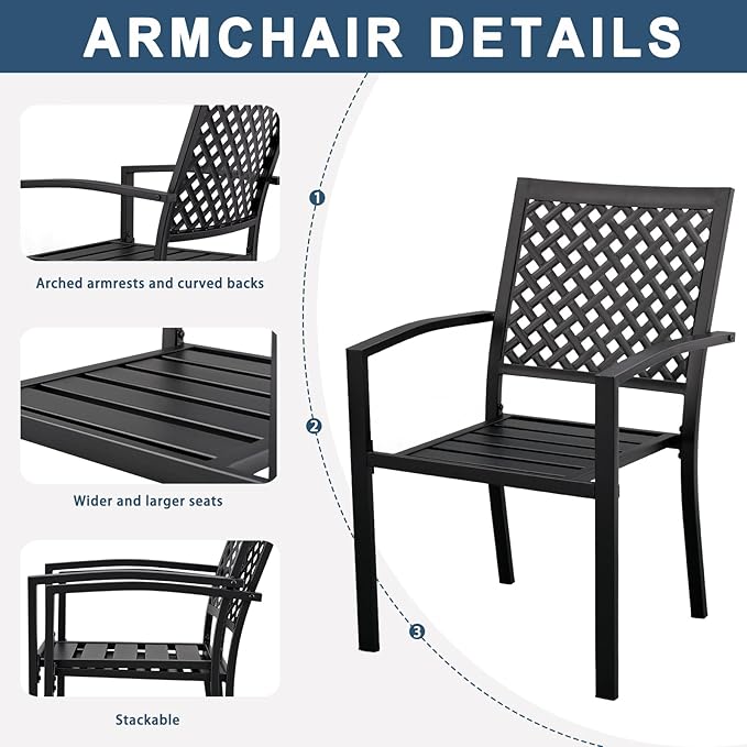 3 Piece Iron Bistro Set Stackable Outdoor Patio Furniture Set with 2 Large Comfortable Porch Chairs and Metal Coffee Table, Black