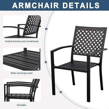 3 Piece Iron Bistro Set Stackable Outdoor Patio Furniture Set with 2 Large Comfortable Porch Chairs and Metal Coffee Table, Black