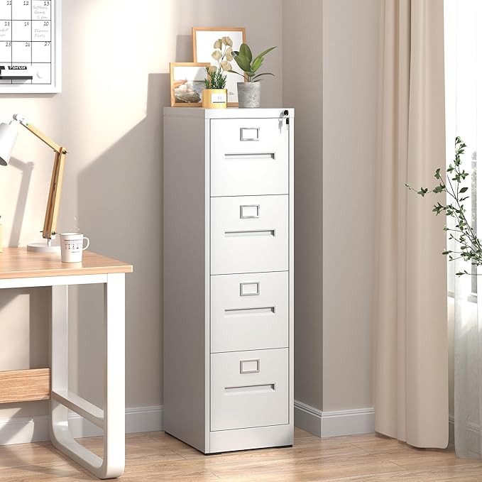 4 Drawer File Cabinet,Metal Filing Cabinets with Lock,White Vertical File Cabinet for Home Office,Heavy Duty Metal Storage Cabinet for A4/Letter/Legal Size File,Assembly Required