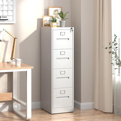 4 Drawer File Cabinet,Metal Filing Cabinets with Lock,White Vertical File Cabinet for Home Office,Heavy Duty Metal Storage Cabinet for A4/Letter/Legal Size File,Assembly Required