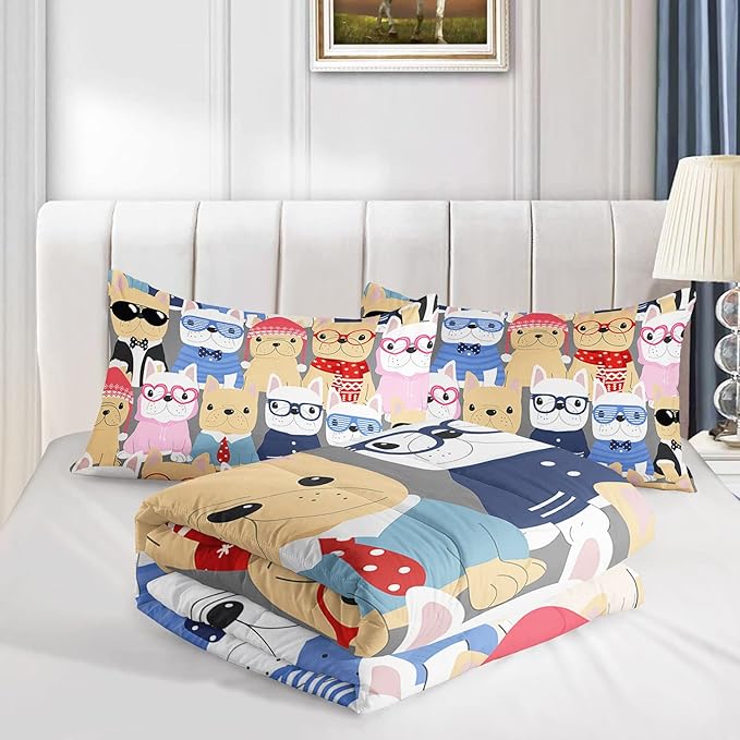 Datura home Dog Comforter Beddding Set for Kids Children,Puppy Pug Cute Dog Pattern Cartoon Career Pet Bedding Set with 1 Comforter and 2 Pillowcases(Dog Twin)