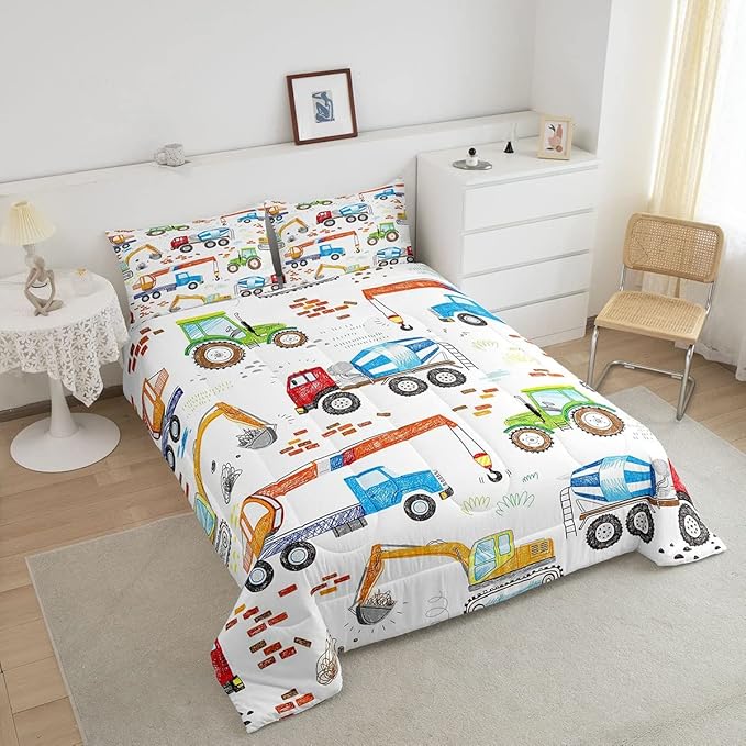 Feelyou Boys Excavator Bedding Set Construction Vehicles Comforter Set for Kids Girls Watercolor Tractor Crane Truck Comforter Colorful Design Quilt Set Room 2Pcs Twin Size
