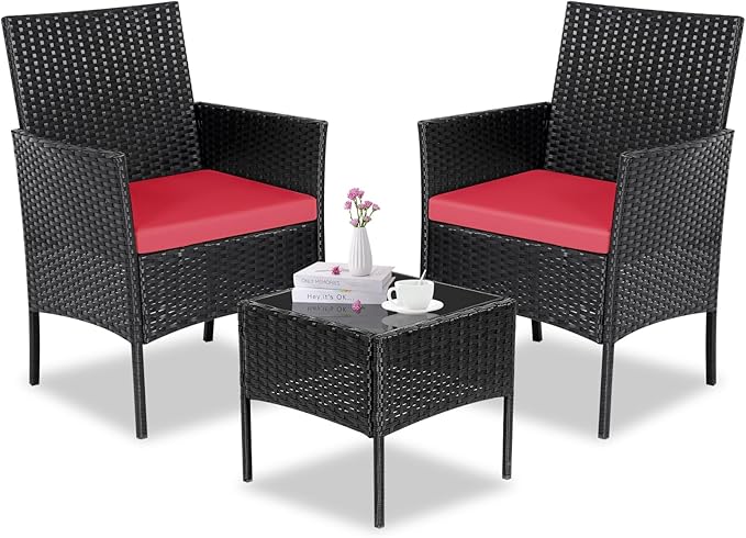 Patio Furniture Set 3 Pieces All-Weather Rattan Outdoor Furniture Patio Chairs with Tempered Glass Table for Porch Bistro Balcony Bistro Set(Black/Red)