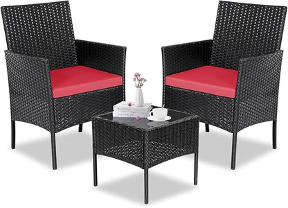 Patio Furniture Set 3 Pieces All-Weather Rattan Outdoor Furniture Patio Chairs with Tempered Glass Table for Porch Bistro Balcony Bistro Set(Black/Red)