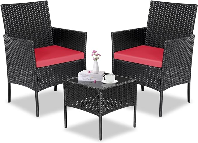 Patio Furniture Set 3 Pieces All-Weather Rattan Outdoor Furniture Patio Chairs with Tempered Glass Table for Porch Bistro Balcony Bistro Set(Black/Red)