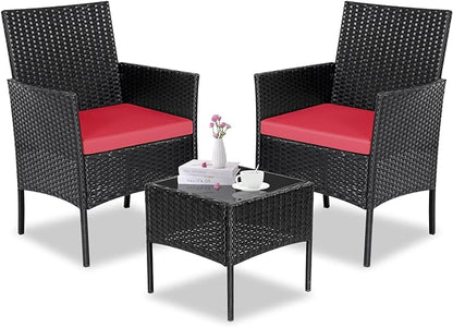 Patio Furniture Set 3 Pieces All-Weather Rattan Outdoor Furniture Patio Chairs with Tempered Glass Table for Porch Bistro Balcony Bistro Set(Black/Red)