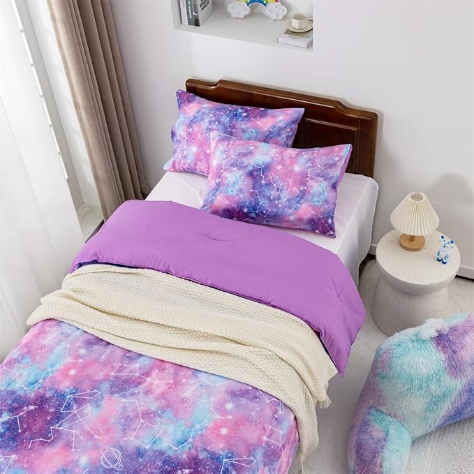 Holawakaka Tie Dye Galaxy Constellation Print Ombre Comforter Set Twin/Twin XL Size Girls Gradient Space Stars Dorm Bedding Set (Purple,Twin)