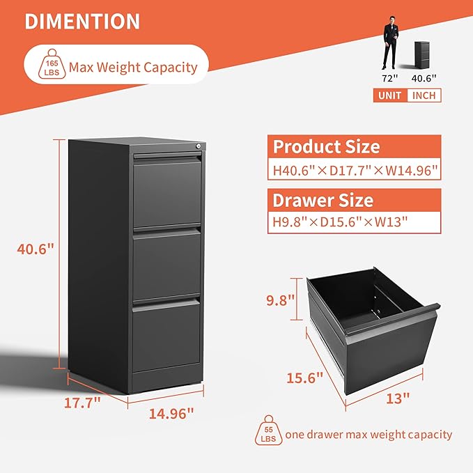 3 Drawer File Cabinet,Metal Filing Cabinets for Home Office, Black Vertical File Cabinet with Lock,Heavy Duty Metal Storage Cabinet for A4/Letter/Legal Size Files,Assembly Required