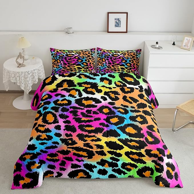 Leopard Print Comforter Set for Girls Kids Women Neon Rainbow Leopard Fur Bedding Set Mottled Exotic Panthera Skin Comforter Room Decor Colorful Camouflage Safari Theme Duvet Set Full Size Quilt Set