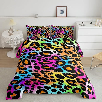Leopard Print Comforter Set for Girls Kids Women Neon Rainbow Leopard Fur Bedding Set Mottled Exotic Panthera Skin Comforter Room Decor Colorful Camouflage Safari Theme Duvet Set King Size Quilt Set
