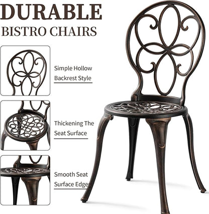 Patio Bistro Sets 3 Piece, Outdoor Bistro Table and Chairs Set of 2 with Umbrella Hole, Cast Aluminum Bistro Set, Patio Furniture for Yard Garden Porch, Bronze