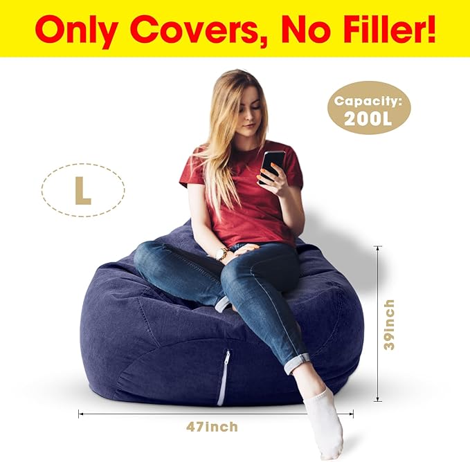 2 Pcs Bean Bag Cover Stuffed Animal Storage Bean Bag Chair Cover Soft Corduroy Stuffed Animal Bean Bag Storage for Kids Adults Indoor Bedroom Organizing Plush Toys (Blue,200l)