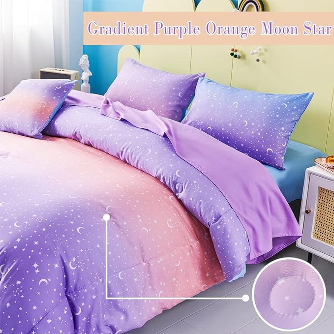 URBONUR Girls Comforter Set Full Size Gradient Purple Orange Moon Star Print Bedding Comforter with Sheets Set 6 Pcs Bed in A Bag (Comforter, Flat Sheet, Fitted Sheet, Pillowcases and Cushion Cover)