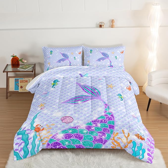 HOSIMA Mermaid Tail Comforter Set 3Pcs with 2 Pillowcases,Purple Fish Scales Bedding Set for Girls Kids Women,Cartoon Ocean Life Sea Animal Full Size Bed in a Bag Set Mermaid Room Decor