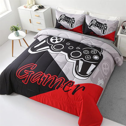 KAKKI 5 Piece Boys Full Gamer Comforter Set with Sheets, 3D Colorful Video Game Controller Comforter for Kids Teen, All Season Soft Microfiber Gaming Bedding Set(Red,Full)