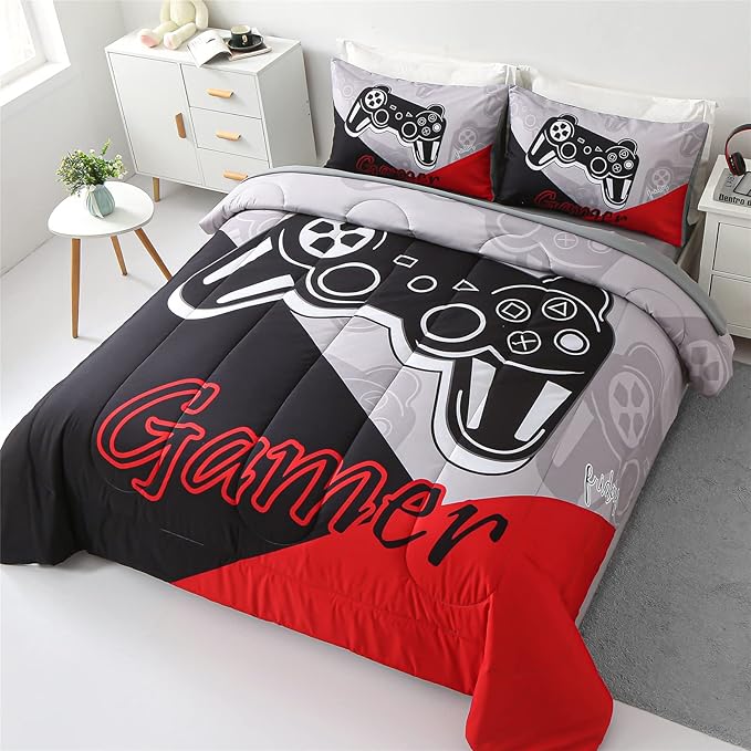 KAKKI 5 Piece Boys Queen Gamer Comforter Set with Sheets, 3D Colorful Video Game Controller Comforter for Kids Teen, All Season Soft Microfiber Gaming Bedding Set(Red,Queen)