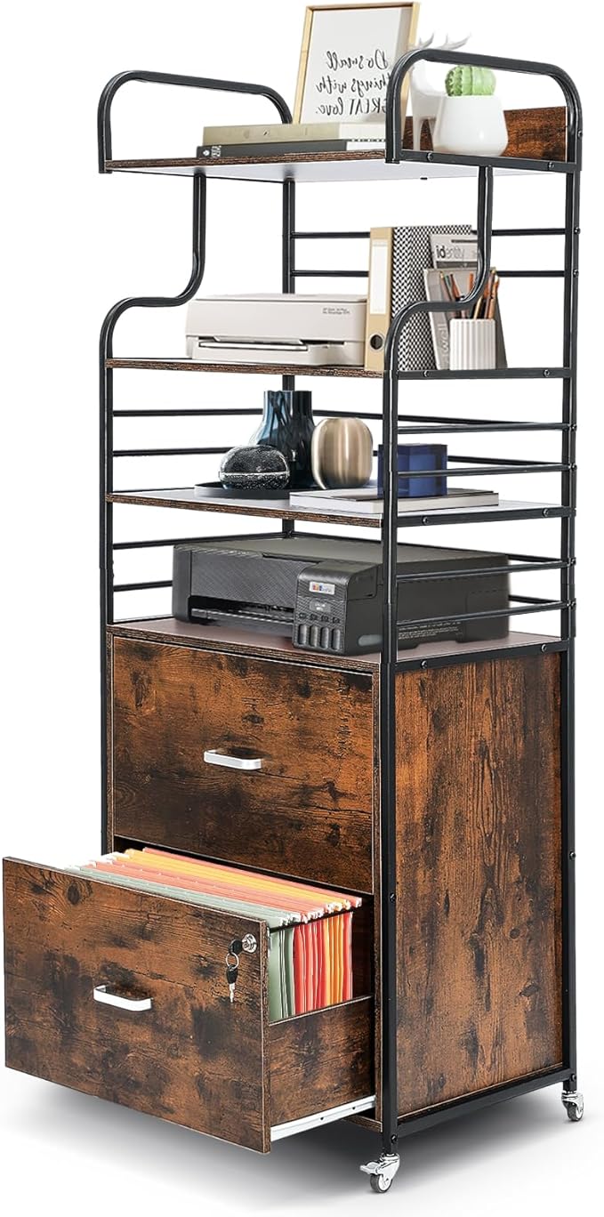 Vertical File Cabinet, 2 Drawer Mobile Filing Cabinet with 3 Bookshelf, Printer Stand with Open Storage Shelves Fits A4/Letter/Legal Size File Cabinets for Home Office Organizer, Brown