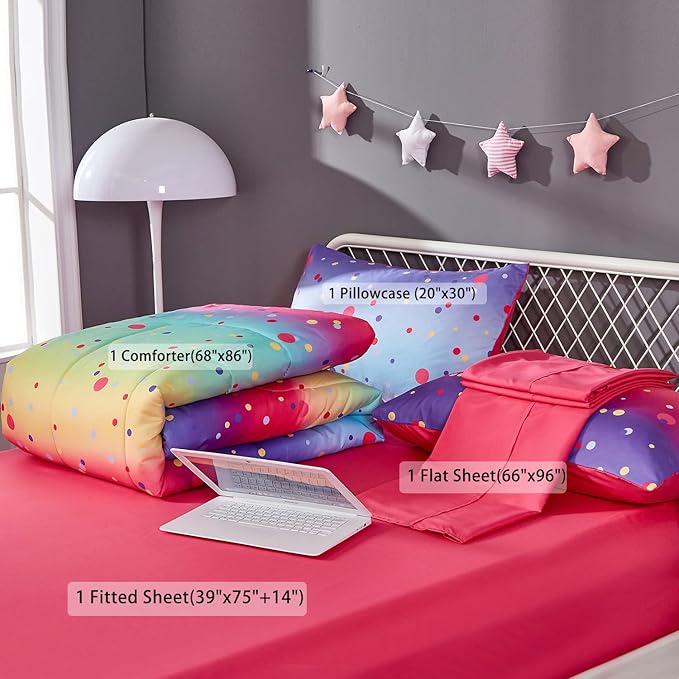 Colorful Polka Dots Rainbow Comforter Set for Teen Girls Women,Twin Size 4 Piece Bed in A Bag,Circles Printed Comforter and Sheets,Ultra Soft Microfiber All Season Bedding Set(Twin,Dots)