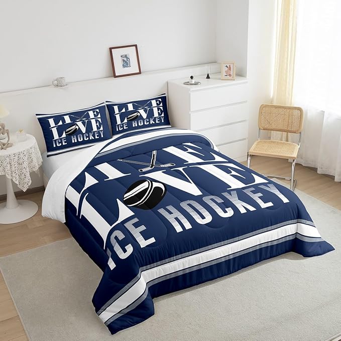 Feelyou Ice Hockey Bedding Set Queen Size Ice Sports Games Comforter Set for Kids Boys Girls Decor Hockey Player Comforter Microfiber Puck Hockey Duvet Set Bedroom Quilt Set