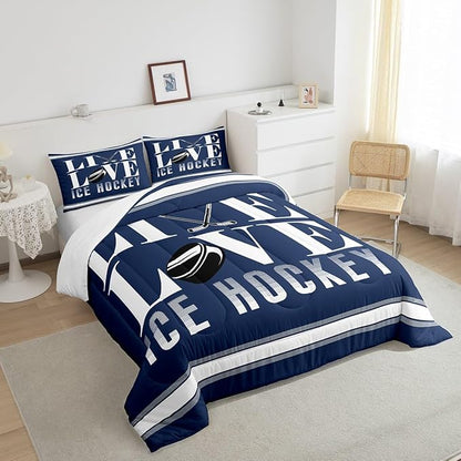 Ice Hockey Bedding Set Full Size Ice Sports Games Comforter Set for Kids Boys Girls Decor Hockey Player Comforter Microfiber Puck Hockey Duvet Set Bedroom Quilt Set