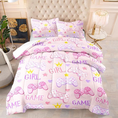 Pink Girl Game Bedding Set Gamepad Video Games Comforter Sets for Kids Boys Teen Gaming Controller Bedspreads Room Decor