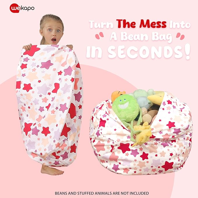 Wekapo Stuffed Animal Storage Bean Bag Chair Cover for Kids | Stuffable Zipper Beanbag for Organizing Children Plush Toys Large Premium Cotton Canvas (Large star, X-Large)