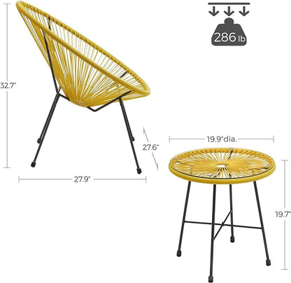 SONGMICS 3-Piece Outdoor Seating Acapulco Chair, Modern Patio Furniture Set, Glass Top Table and 2 Chairs, Indoor and Outdoor Conversation Bistro Set, Yellow UGGF011Y01