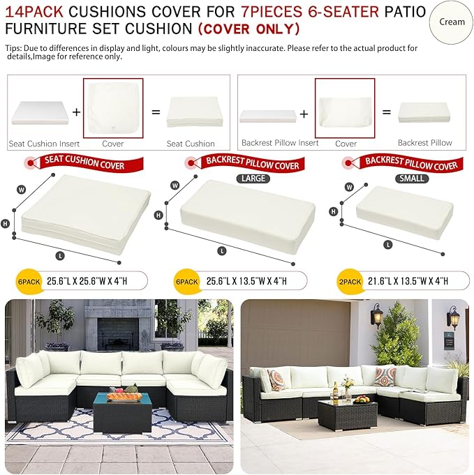 ClawsCover 14Pack Outdoor Patio Seat and Back Cushions Replacement Covers Fit for 7Pieces 6-Seater Wicker Rattan Sectional Couch Chair Furniture Set,Cream-Include Cover Only (Large)