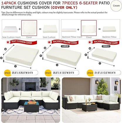 ClawsCover 14Pack Outdoor Patio Seat and Back Cushions Replacement Covers Fit for 7Pieces 6-Seater Wicker Rattan Sectional Couch Chair Furniture Set,Cream-Include Cover Only (Large)
