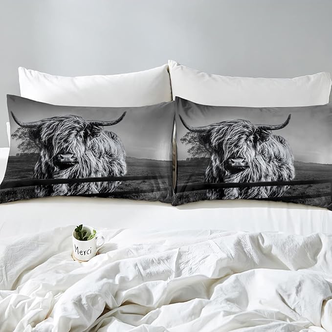 Highland Cow Bedding Set King Size Grey Bull Cattle Comforter Set Funny Farmhouse Wildlife Animal Duvet Set for Kids Boys Girls Teens Western Cowboy Style Down Comforter Adult Bedroom Decor