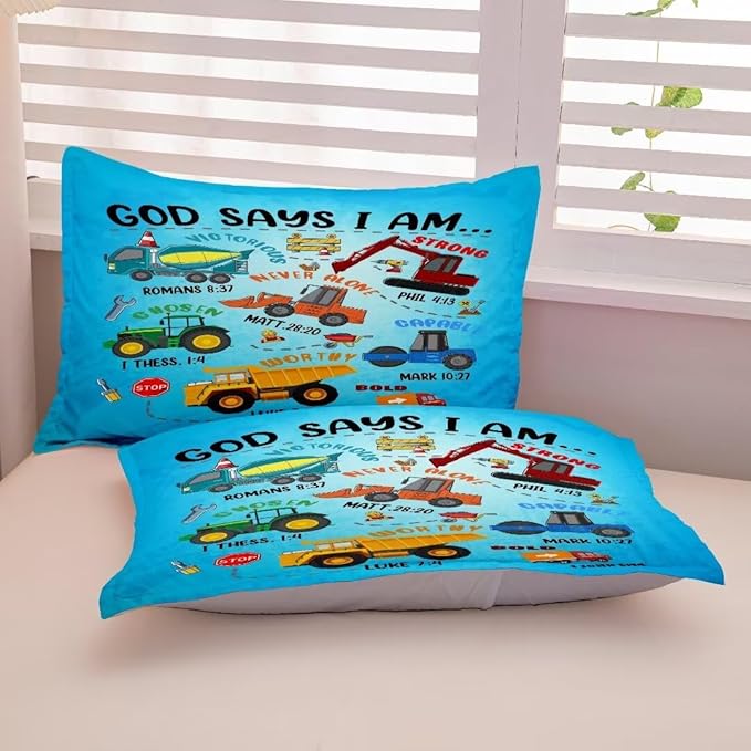 Boys Construction Vehicles Truck Comforter Set Twin,Christian Kids God Says I Am Construction Bedding Set,Car Excavator Tractor Bedroom Set（1 Comforter 2 Pillowcase） Blue