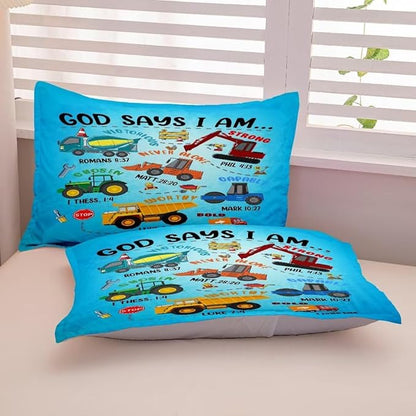Boys Construction Vehicles Truck Comforter Set Twin,Christian Kids God Says I Am Construction Bedding Set,Car Excavator Tractor Bedroom Set（1 Comforter 2 Pillowcase） Blue