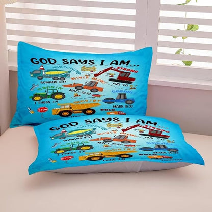 Boys Construction Vehicles Truck Comforter Set Queen,Christian Kids God Says I Am Construction Bedding Set,Car Excavator Tractor Bedroom Set（1 Comforter 2 Pillowcase） Blue