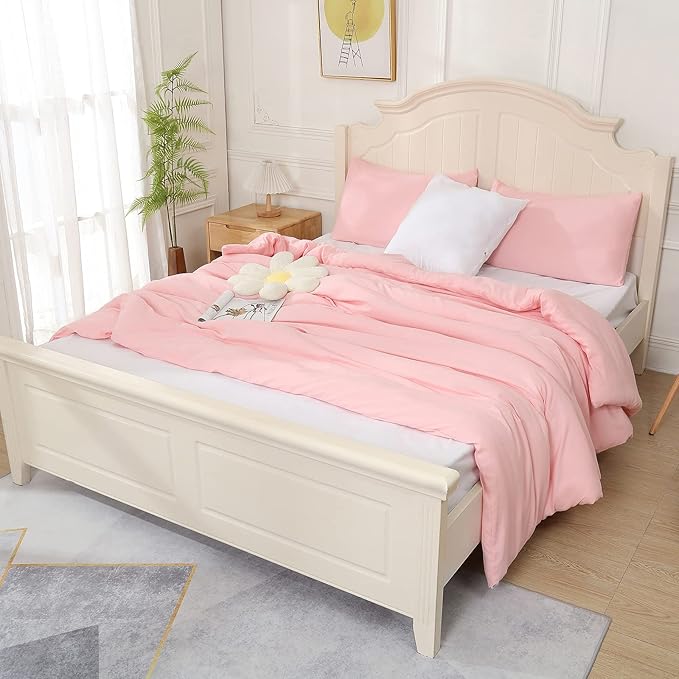 Pink Comforter King Size, Aesthetic Modern Bedding Set for Girls/Women, Cute Soft & Lightweight Chic Microfiber Bed Sets, 3 pcs-1 Comforter & 2 Pillowcases (104x90 Inches)
