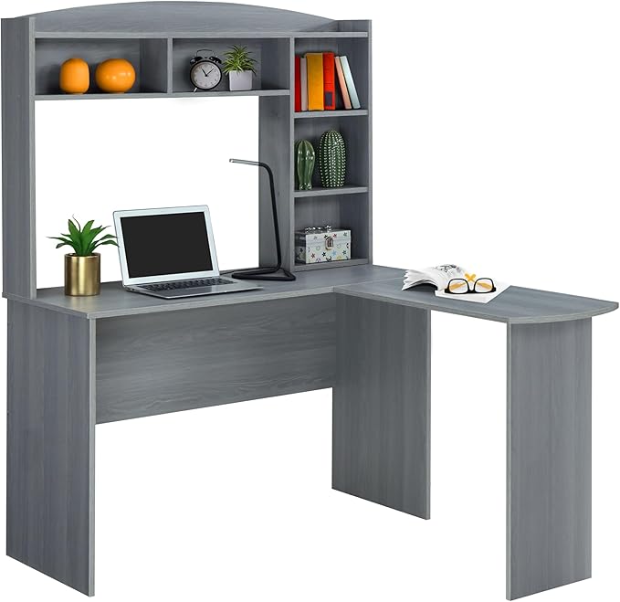 Techni Mobili Modern Hutch L-Shaped Computer Desk, Grey