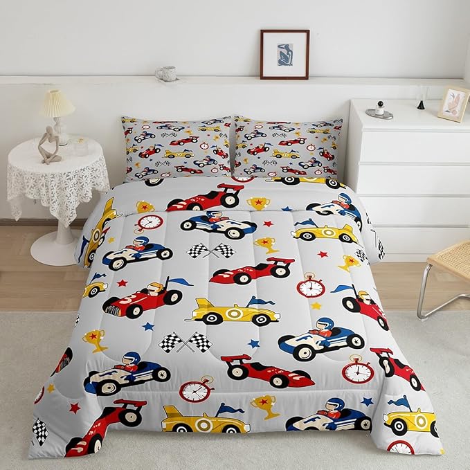 Feelyou Kids Cartoon Car Comforter Set Queen Size Racing Car Bedding Set for Boys Girls Teen Kids Children Home Decor Racing Car Comforter Race Cars Quilt Bed Set Red Grey Bedding Set for All Season
