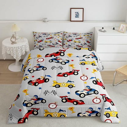 Feelyou Kids Cartoon Car Comforter Set Queen Size Racing Car Bedding Set for Boys Girls Teen Kids Children Home Decor Racing Car Comforter Race Cars Quilt Bed Set Red Grey Bedding Set for All Season