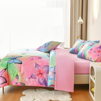 Butterfly Bedding Set Twin, Pink Butterfly Comforter Set for Girls Kids Teens 6 pcs Bed in a Bag Twin Bedding Sets for Girls