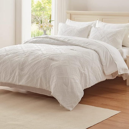 EMME King Comforter Set - 7 Pcs White Boho Comforter Set, Tufted King Size Bedding Sets with Sheets, Shabby Chic Embroidery Bed Set Fluffy Bed Bag for All Season(102"X90")