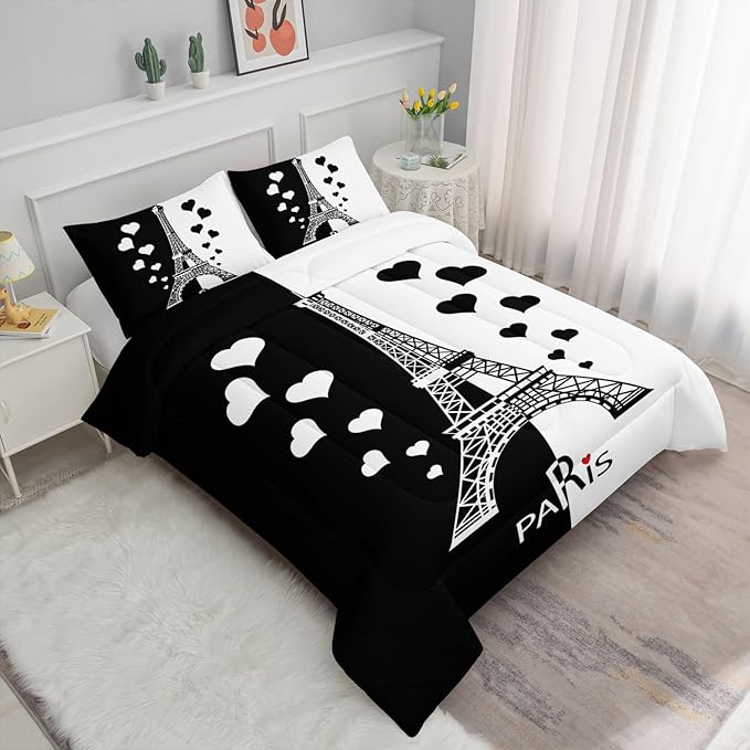 Datura home Kids Comforter Set Eiffel Tower Printed Pattern Bedding Set with 1 Comforter and 2 Pillowcases for Girls Boys Bedroom All Season(Tower1 Twin)