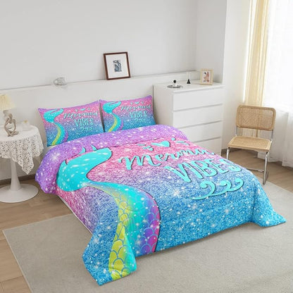 Girls Mermaid Tail Comforter Set Queen Kawaii Coastal Fish Scales Bedding Set Glitter Star Galaxy Comforter Blue Pink Pastel Ombre Set Princess Bed Set Ocean Animal Quilt Duvet 2 Pillowcases Teal