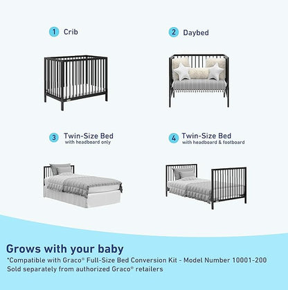 Graco Teddi 4-in-1 Convertible Mini Crib with Bonus Water-Resistant Mattress (Black) – GREENGUARD Gold Certified, 2.75-Inch Mattress Included, Convenient Size, Easy 30-Minute Assembly