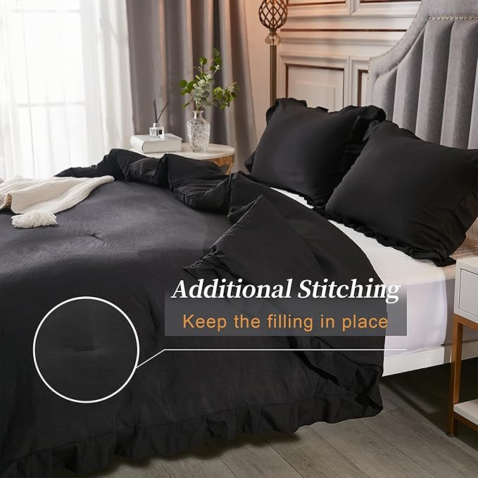 Andency Black King Size Comforter Set, 3 Pieces Farmhouse Shabby Chic Bedding Comforters & Sets, Soft Fluffy Lightweight All Season Down Alternative Bed Blanket Set