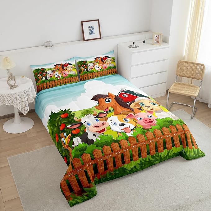 Kids Cartoon Comforter Set Toddler Cute Farm Animals Comforter Cattle Sheep Pigs Dogs Horses Bedding Set for Boys Girls Children Farmhouse Duvet Set Ultra Soft Room Decor Full Size Colorful Quilt Set