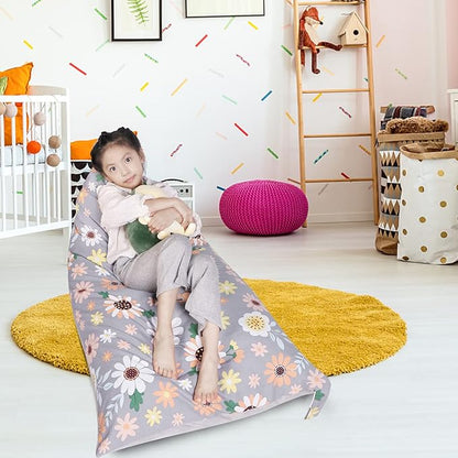 Stuffed Animal Storage Bean Bag Chair Cover, Velvet Canvas Gray Sunflower Plush Toy Storage Stuff and Sit Seat for Kids/Teens/Adults, 52" x 31" Extra Large Sofa, 200L/52Gal, Cover Only