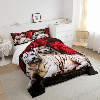 Tiger Comforter Set King, Red Rose Comforter Kids Girls Women,Red Image Of Large Cat Playing with Water Cool Nature Animal Quilted Duvet Insert Gorgeous Floral Flower Bedding Comforters,Brown
