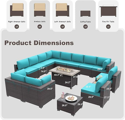 Patio Furniture Set with Fire Pit Table 15 PCS Outdoor Sectional Furniture Outdoor Rattan Patio Conversation Sets with 43in 55,000 BTU Propane Gas Fire Pit Table Glass Table, Blue
