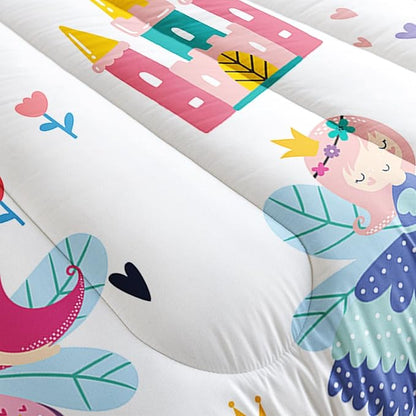 Datura home Girls Bedding Comforter Set Little Princess and Rainbow Castle Printed Pattern Quilt with 1 2 Pillowcases for Bedroom All Season(Princess Queen), Queen 90x90inches